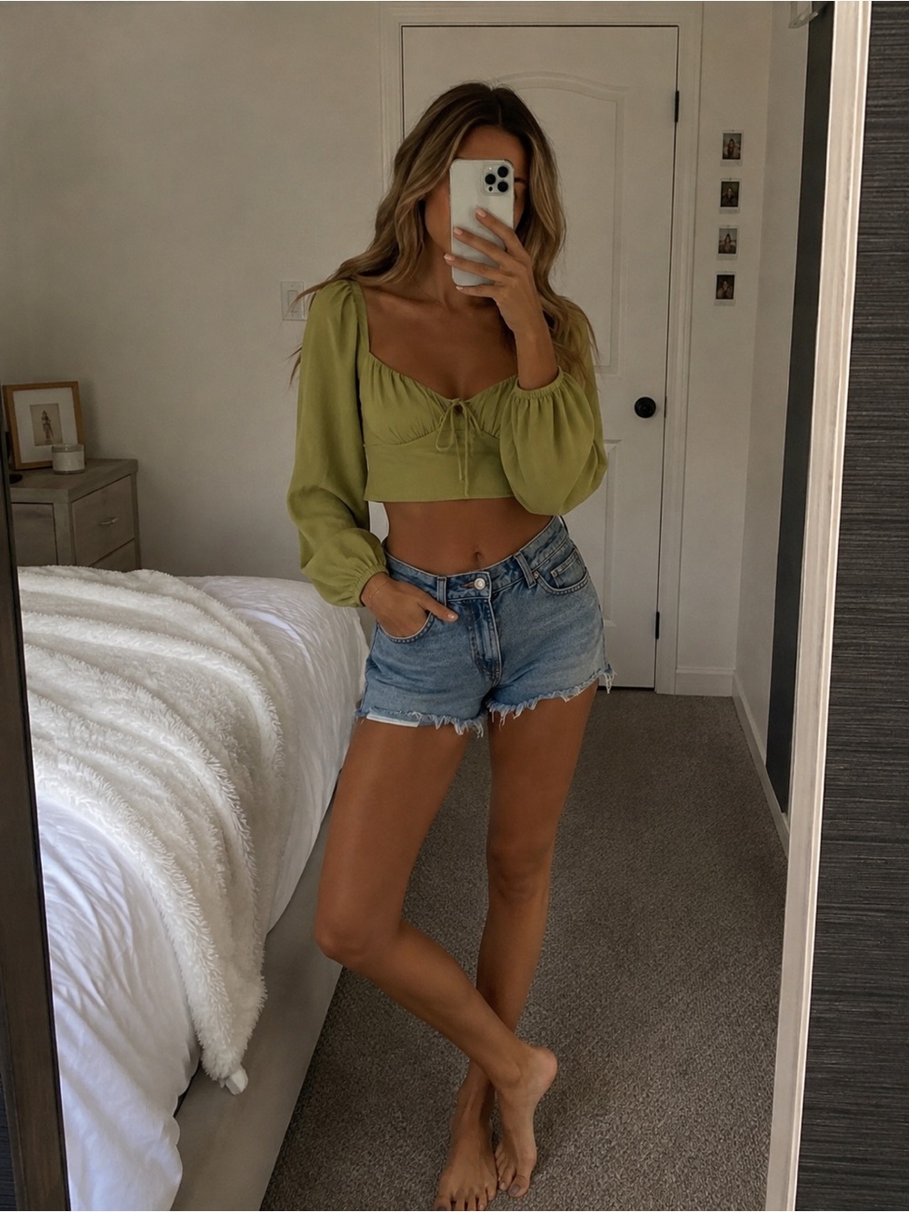 Cropped Tie-Front Long Sleeve Top in Green Cottagecore XS